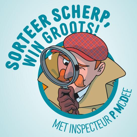 Tekening van inspecteur met vergrootglas en titel 'sorteer scherp, win groots met inspecteur P.Mc.Dee'
